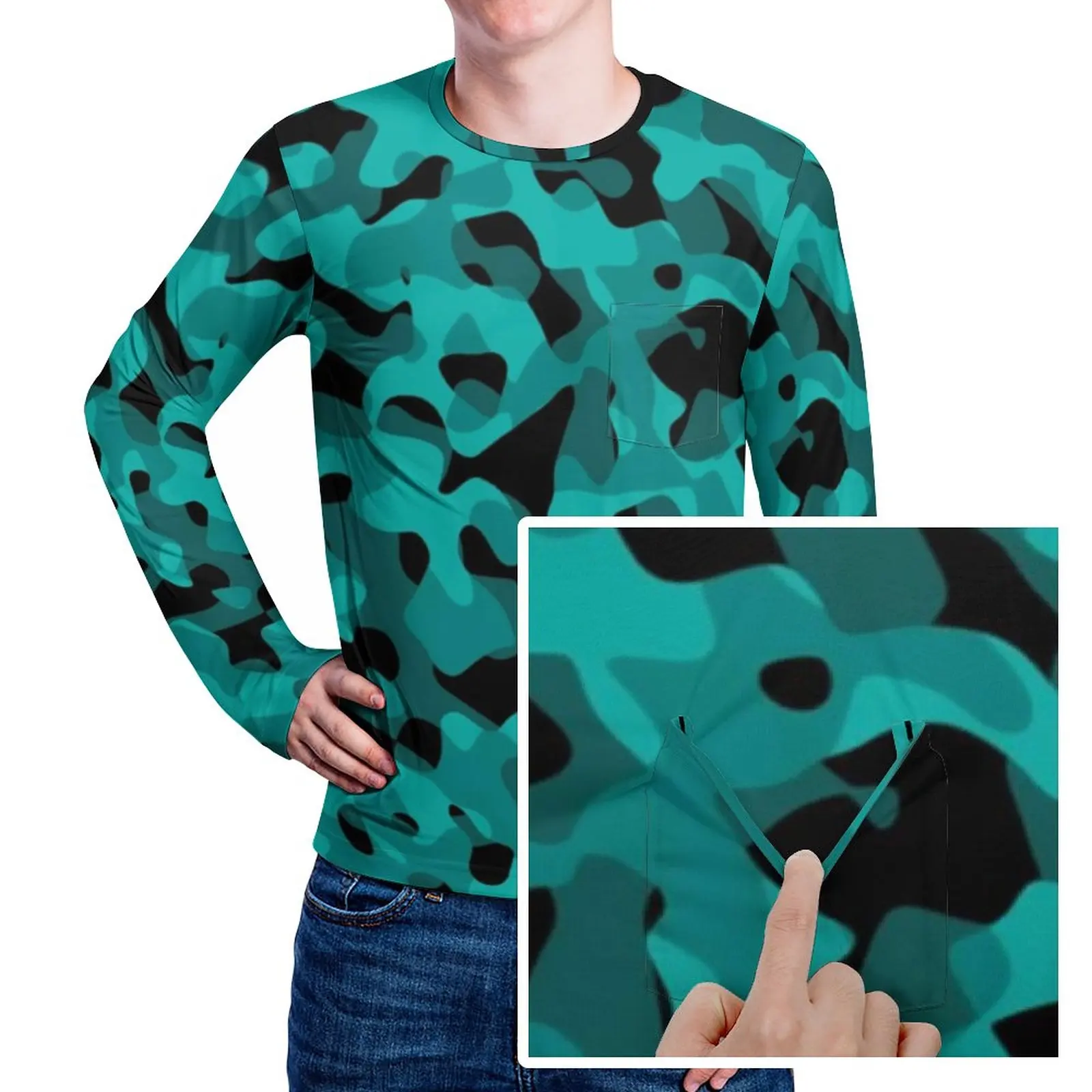 

Camouflage T-Shirt Spring Black and Teal Camo Funny T Shirts Male Novelty Graphic Tshirt Plus Size