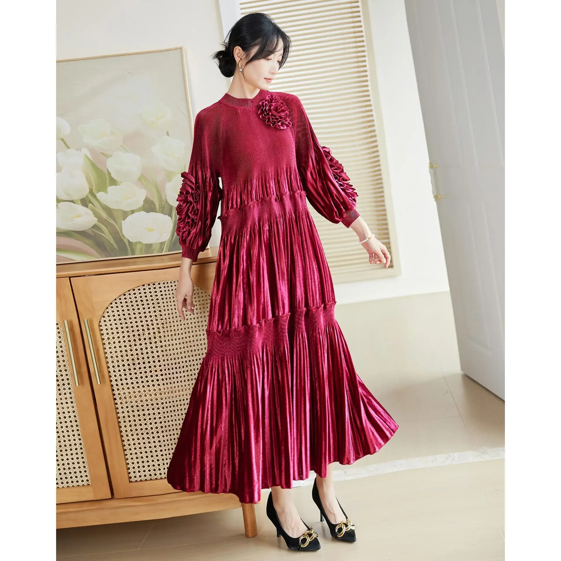 Miyake плиссированное золотое бархатное платье женское новинка осени 2024 3D юбка