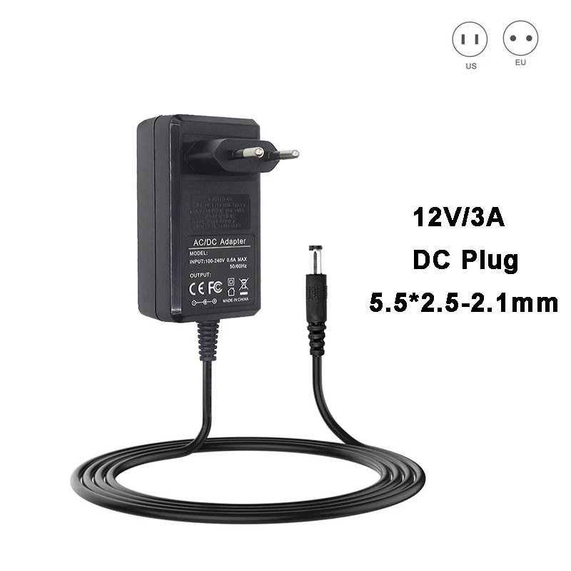 AC110V/220V To DC12V 3A Power Supply Adapter EU/US Plug 12Volt 5.5x2.5-2.1mm Universal Power Adapter Charger for LED Light Strip