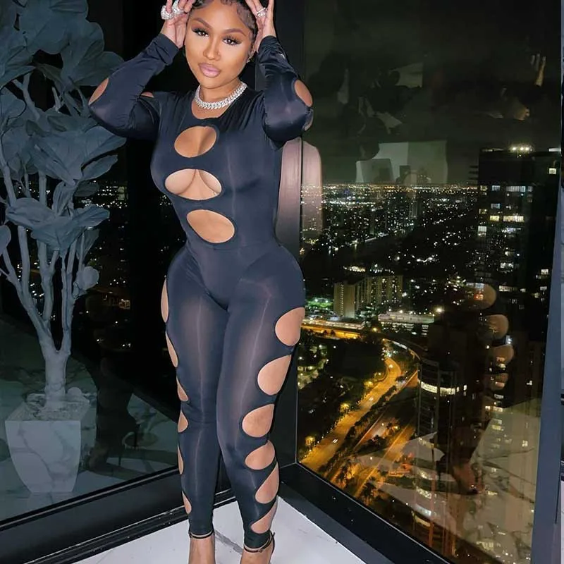 

Женский комбинезон с длинным рукавом, летний слитный комбинезон с вырезами, одежда для ночного клуба Y2k, одежда для улицы