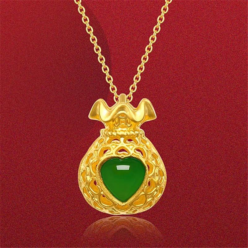 Ожерелье с подвеской-сумкой на удачу из натурального зеленого нефрита роскошные