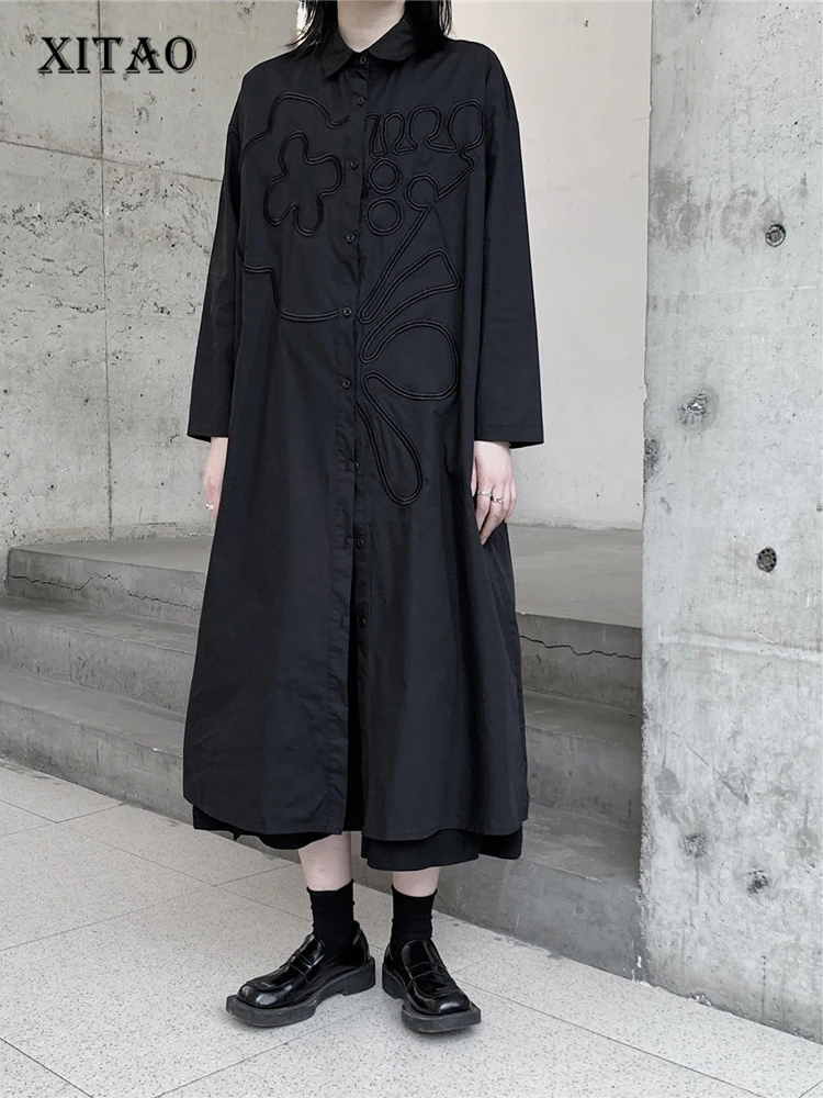 

XITAO Black Dress Single Breast Print Pattern Full Sleeve Goddess Fan Casual Style 2022 Minority Elegant Loose Dress WMD5771