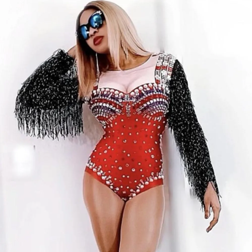 Stage Performance Bodysuit For Women Skinny Long Sleeve Fringed Beading Rhinestones Nightclub Bar Party Outfit Dance Costume
