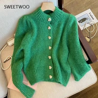 love heart single breasted sweater coat causal korean puff sleeve knitwear tops 2021 autumn winter cardigan tide chic fashion