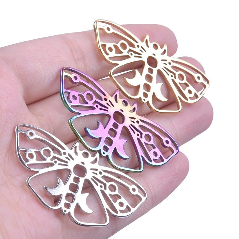 

5pcs/lot Butterfly Insect Charm Stainless Steel Hollow Moon Pendants diy Making Retro Earrings Jewelry Gold/Silver Three Color