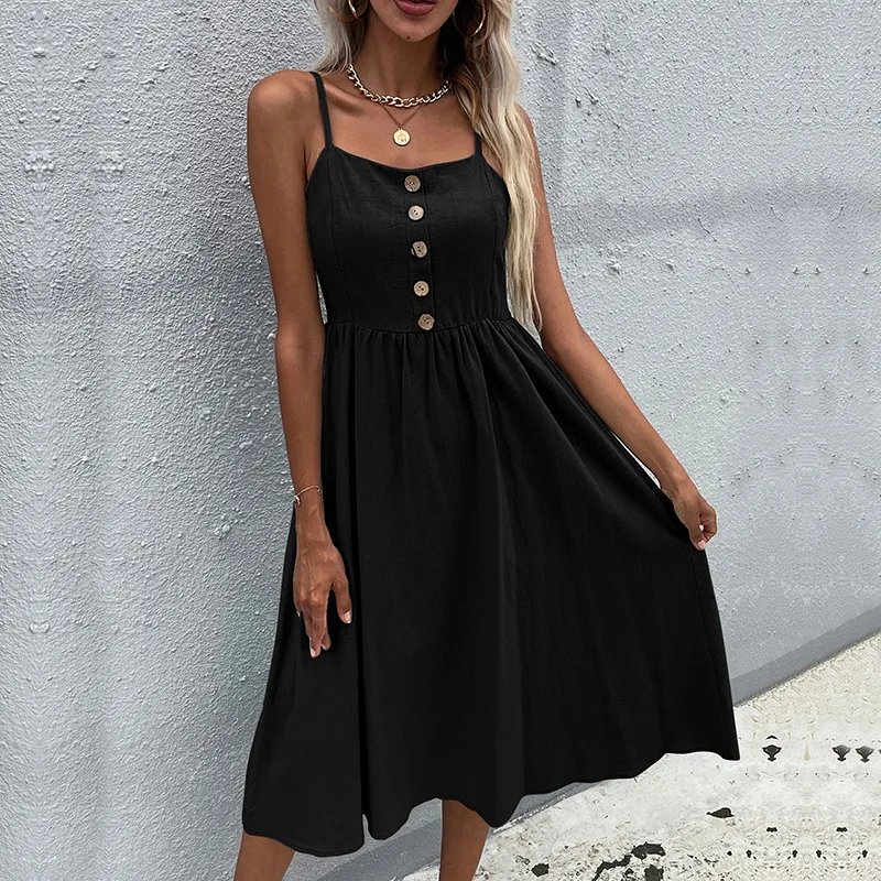 

Sundress Lady Speghetti Straps Button Up Square Collar Midi Vestidos Women Casual A Line Solid Color Cotton Linen Summer Dresses