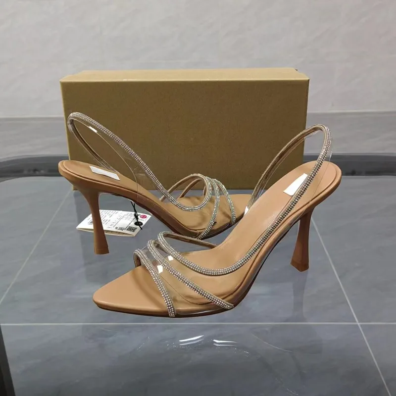 Summer Natural Color Bright Inlay High Heeled Sandals Female Fine with Pointed High Heels Sexy Fashion Rhinestone Party Shoes