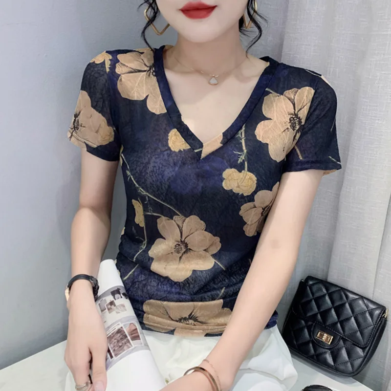 

New 2022 Summer Short Sleeved V-Neck Print Mesh Women T-Shirt Elegant Slim M-3XL Female Clothing