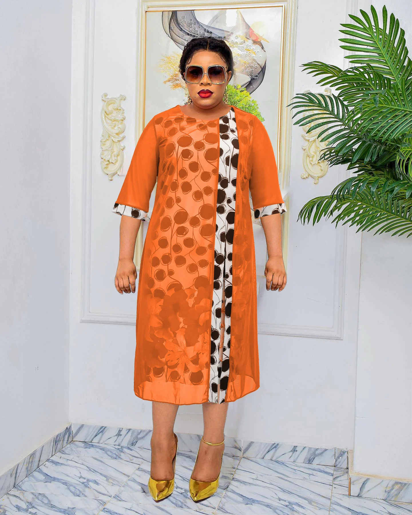 Plus Size Dresses 2023 Place Make Two Piece Patchwork Printed Large Dress Round Neck Lady Elegant Casual Female Clothes