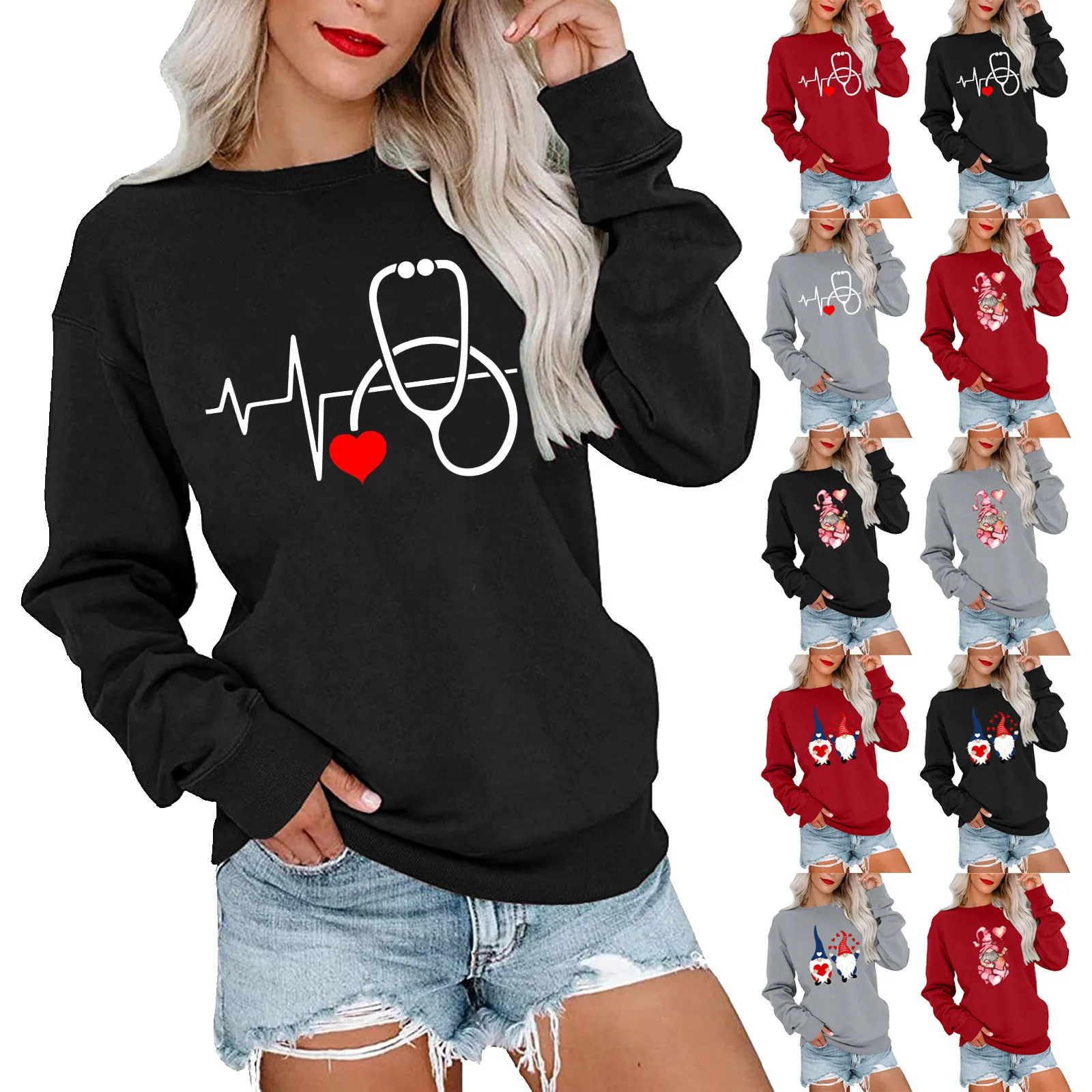 

Womens Sweatshirt Womens Fashion Valentine's Day Print Round Neck Hoodless Sweater Long Sleeve Top Womens Pullover Shirts