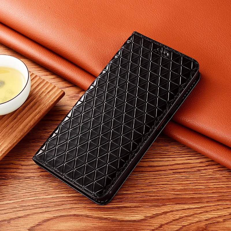 

Grid Pattern Genuine Leather Magnetic Flip Case For Motorola Moto E E6i E6s E7 E7i Plus Power Play E20 E30 E32s E40 Wallet Cover