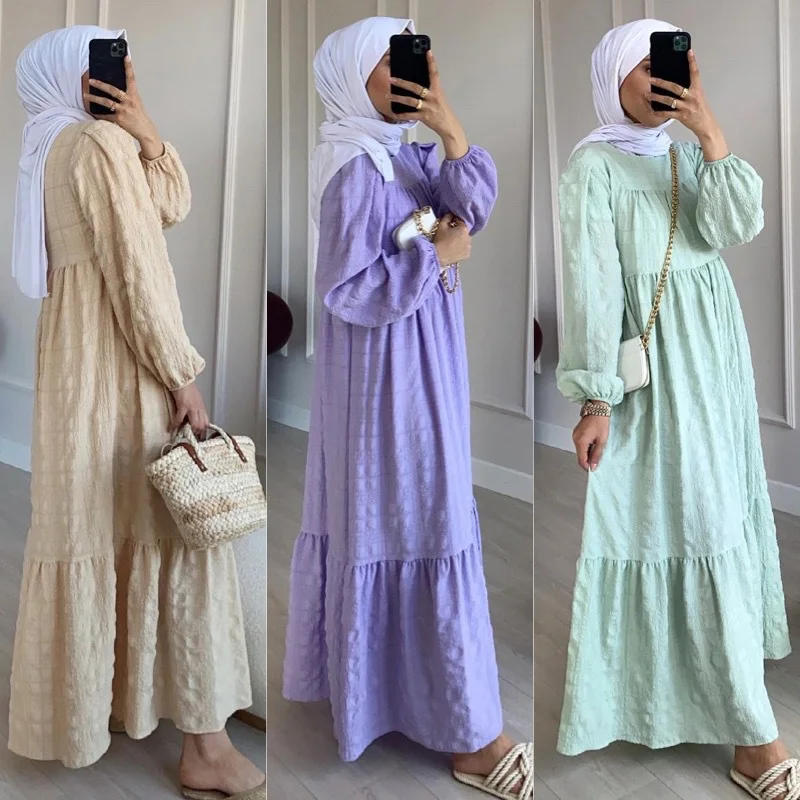 2022 Eid Mubarak Muslim Women Fashion Elegant Abayas Dress Solid Ruffle Dubai Turkish Casual Islamic Clothes Abaya Dresses Robe