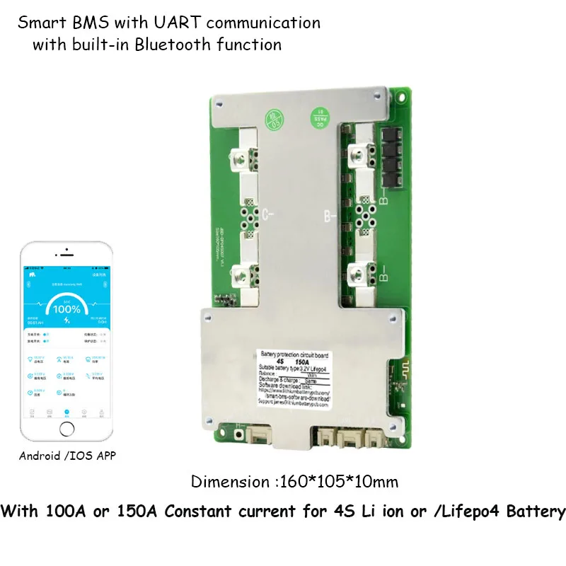 

4S 16.8V Li ion Battery Smart BMS or 4S Lifepo4 14.6V PCB with 100A or 150A constant current and UART Communication