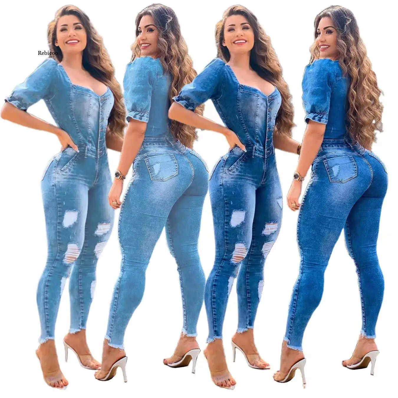 Womens new style ruffled puff sleeve fashion casual sexy denim spray white ripped jumpsuit blue jeans, women pants high rise