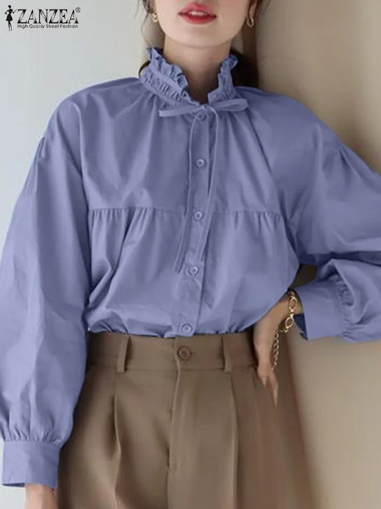 

ZANZEA Women Ruffled Puff Sleeve Shirts 2022 Fashio OL Stand Neck Loose Blouse Office Lady Tops Tunic Oversized Blusas Femininas