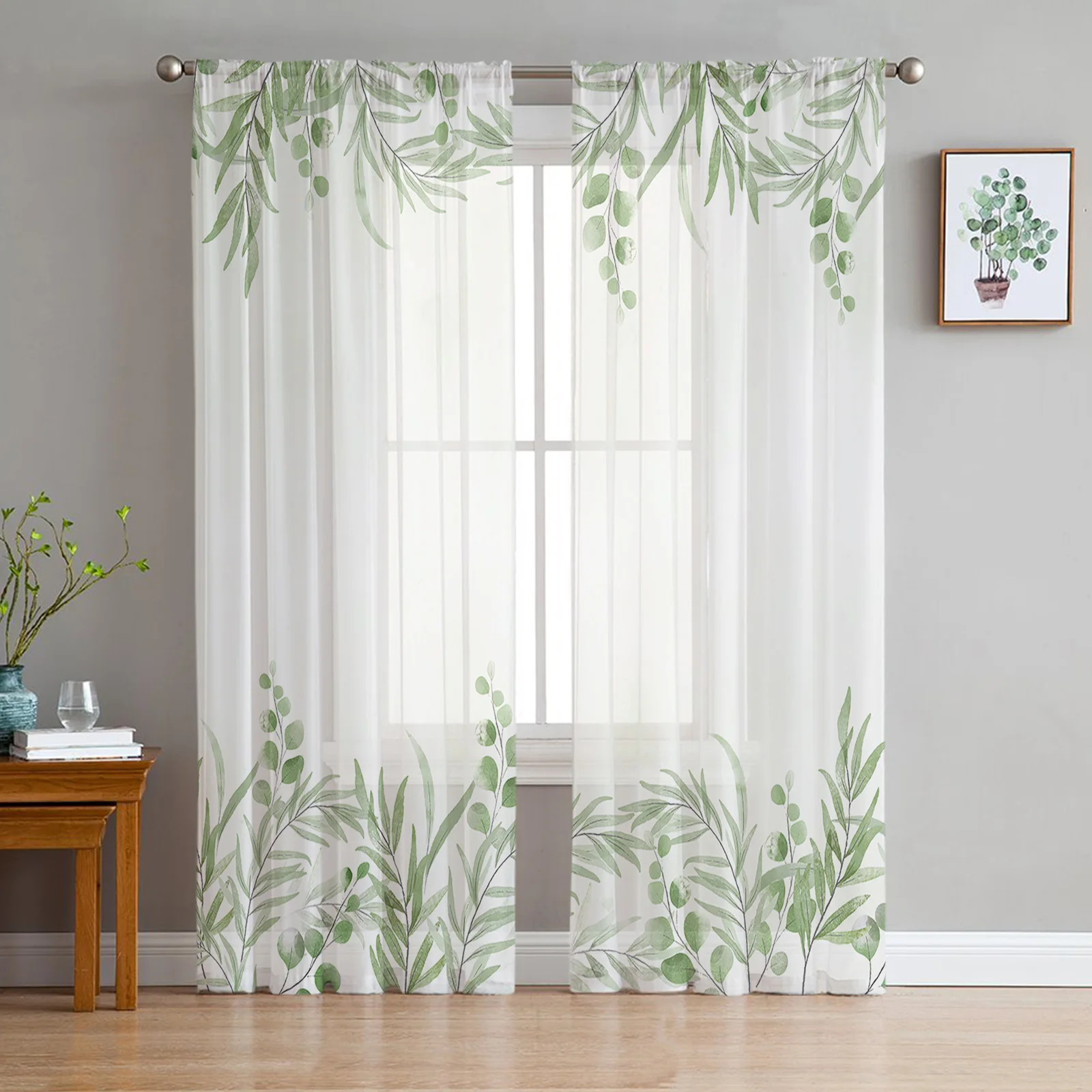 

Акварельные Зеленые растительные листья, занавески из тюля для гостиной, украшение для детской спальни, шифоновые тюлевые Шторы для кухни