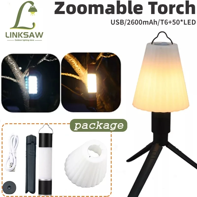 

3600mah Camping Light Powerful LED Flashlight USB Rechargeable Torch Lantern Zoomable Emergency Work Light with Tripod Lampshade