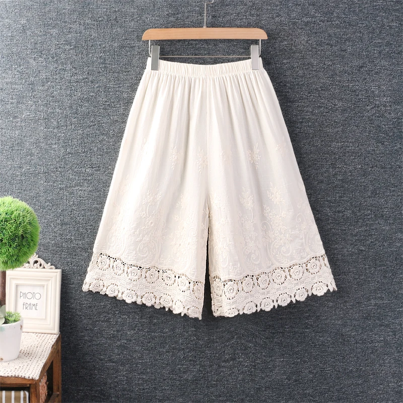

Летние новые милые однотонные штаны с вышивкой, женские штаны с эластичной резинкой на талии длиной до колена, широкие брюки