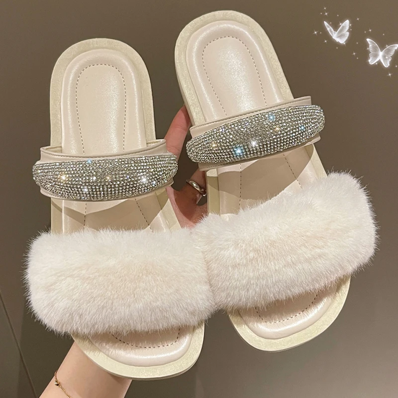 

Female Shoes For Ladies Rubber Slippers Women Flip Flops 2022 White Autumn Indoor Slides Outside Designer Fur Rhinestones Flats