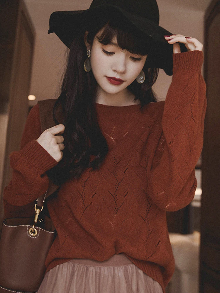 

Autumn Rhyme Retro Romantic Women Pullover Loose Maroon Blended Slash Neck Long Sleeve Hollow Out OL Sweater Fashion Tops 2022