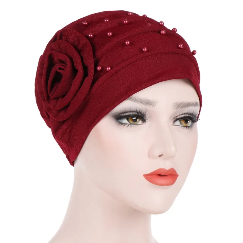 

New Side Plate Flower Beaded Solid Color Flower Tam-O'-Shanter Confinement Cap Muslim Hooded Cap in Stock