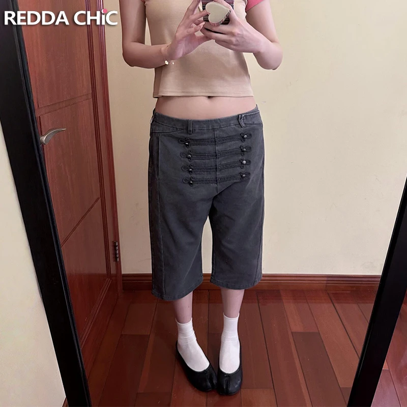 Фото Джинсы ReddaChic Napoleon Capri женские, винтажные, серые, с эффектом потертости, с низкой посадкой, широкие прямые шорты-карго из денима, модная уличная одежда №1