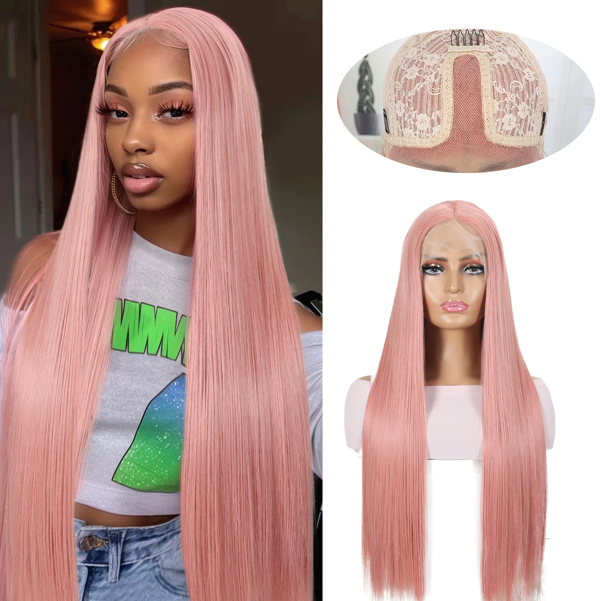 Женский синтетический парик розового цвета 13x4x1