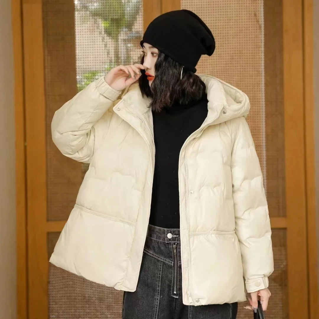Women White Duck Down Jacket Autumn Winter Warm Casual Loose Outwear with Hood 2023 Fashion New Ladies Zipper Buttons M34