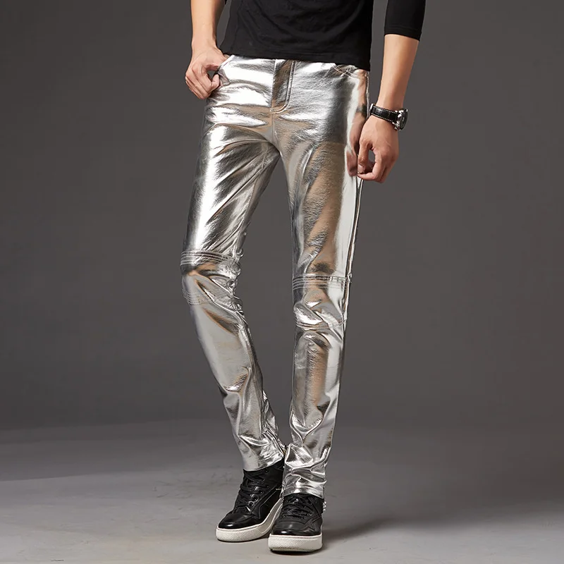 Trousers Autumn and Winter Men's Leather Pants Korean Slim Fit Leggings Stage Performance Motorcycle Tights Bright Silver