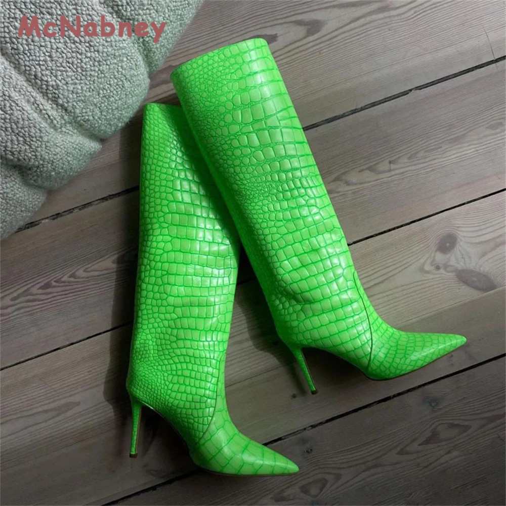 Women's Sexy Crocodile Knee Length Boots New Autumn and Winter High Heel Pointed Women's Stiletto Snake Pattern Long Boots