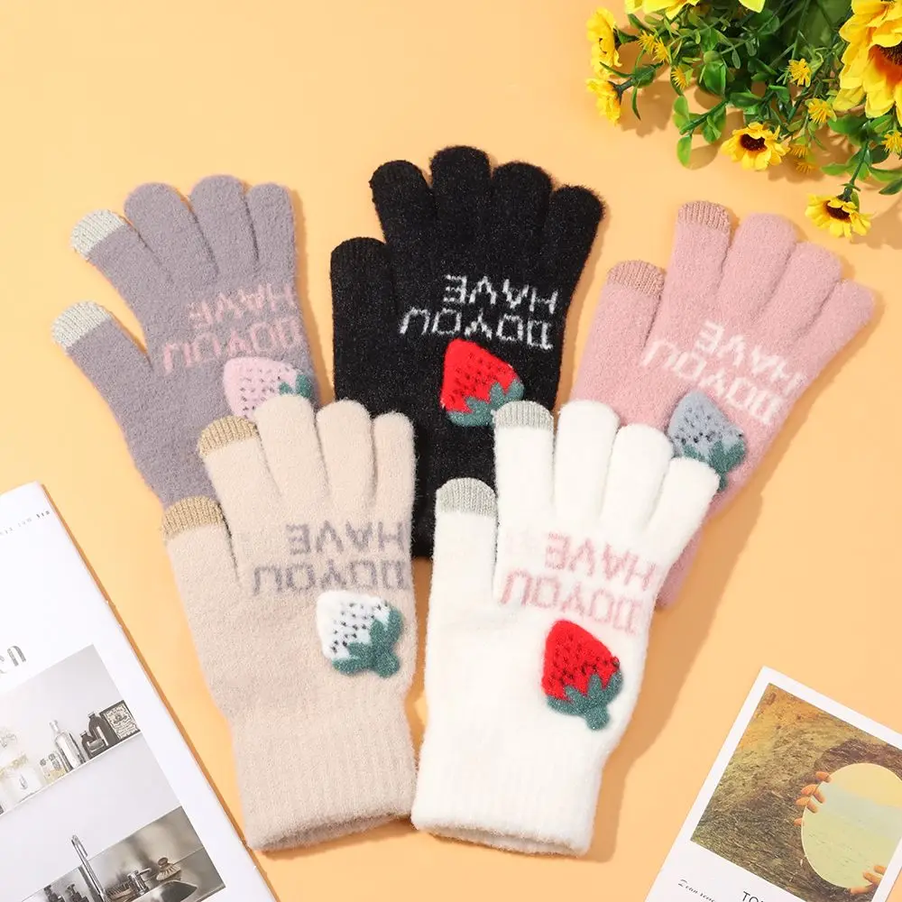 

Women Warm Touch Screen Five Fingers Mittens Knitted Strawberry Winter Gloves