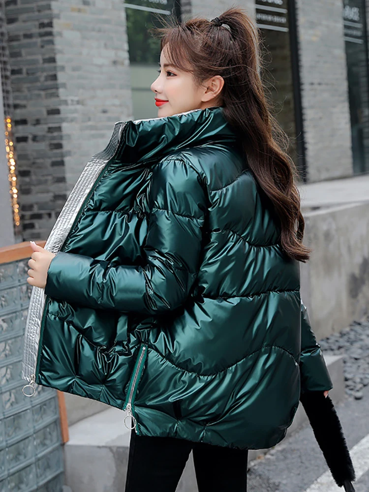 Light-reflecting Jacket Women Winter Warm Bread Parka Short Padded Casual Thick Stand-callor Oversized Cotton Coat Femme Parkas