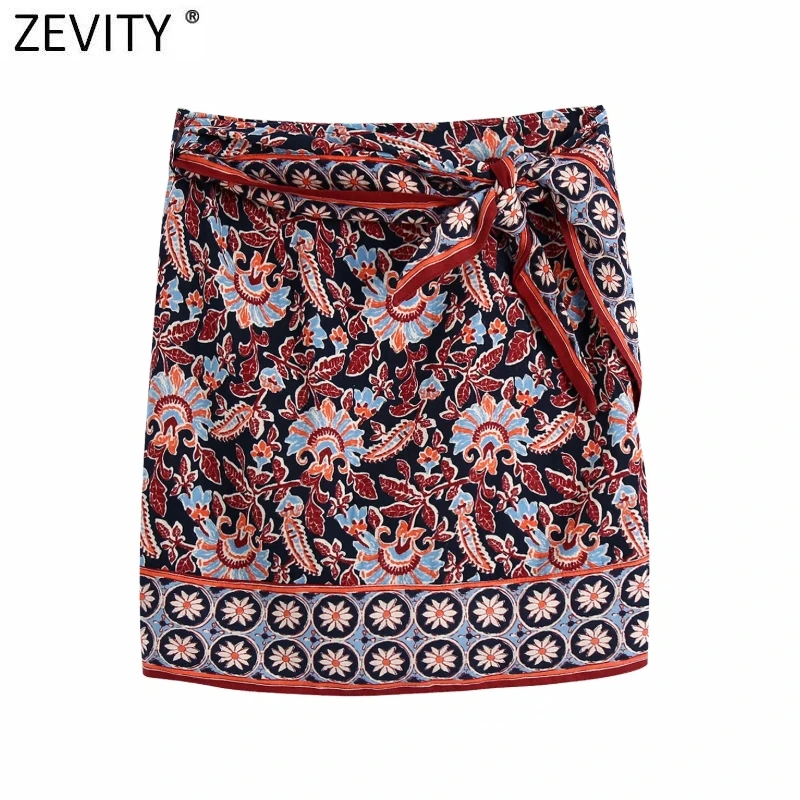 

Zevity 2021 Women Vintage Position Totem Flower Print Sarong Skirt Faldas Mujer Female Side Bow Tied Wrap Slim Mini Skirt QUN799