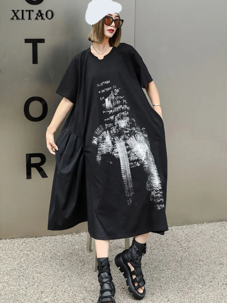 

XITAO Women Print Casual Dress Korea 2023 Summer New Arrival Personality Fashion Loose O-neck Short Sleeve Dress WLD11550