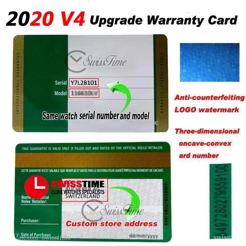 

V4 Green No Boxes Custom Made Warranty Card With Anti-Forgery Crown And Fluorescent Label Gift Same Serial Tag Super Edition