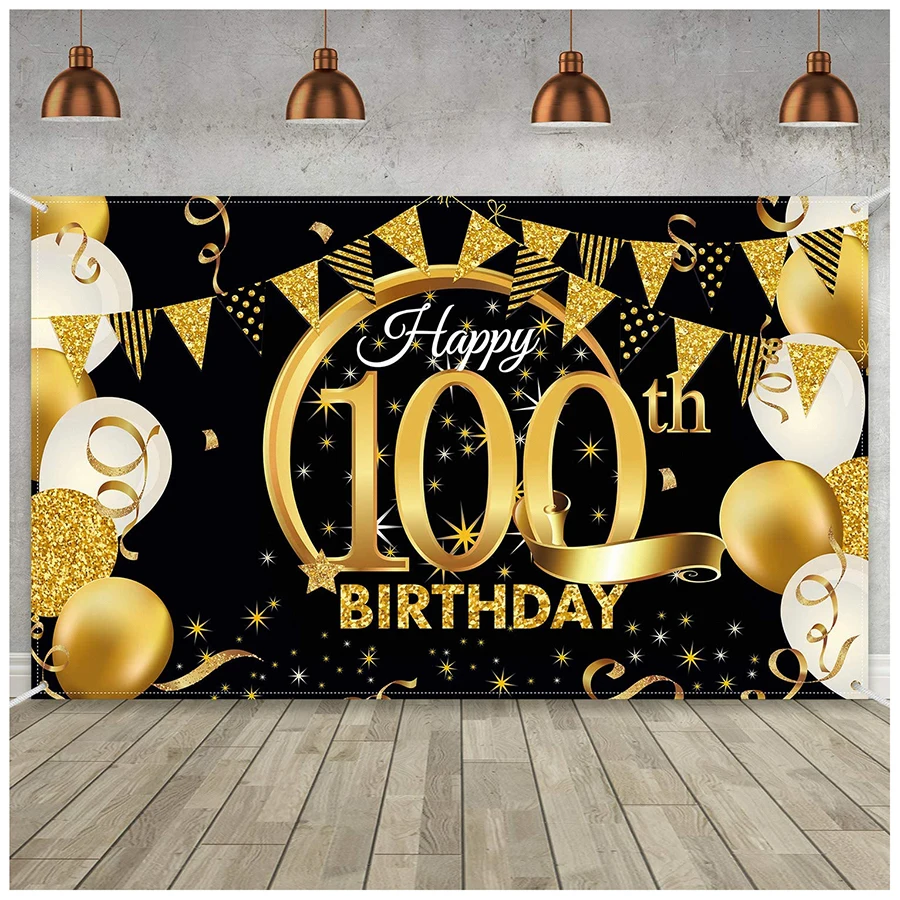 

Customized Happy 100th Birthday Backdrop Black Gold Balloon for Men Women Photography Background Anniversary Party Table Banner