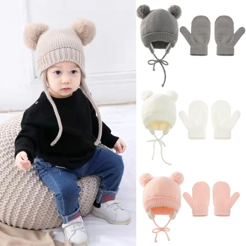 

Cute Knitted Pompom Hat Thick Warm Girl Boy Beanie Winter Ear Warm Cap Kids Glove Hats Bonnet Muts for