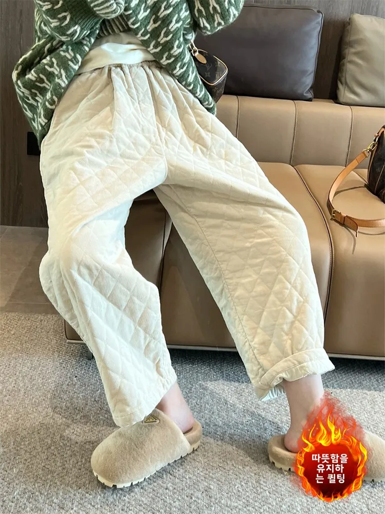 Plus Size Artistic Solid Corduroy Rhombus Quilted Warm Pants Plus size women clothing Elastic Waist Casual Slim Wide Le...
