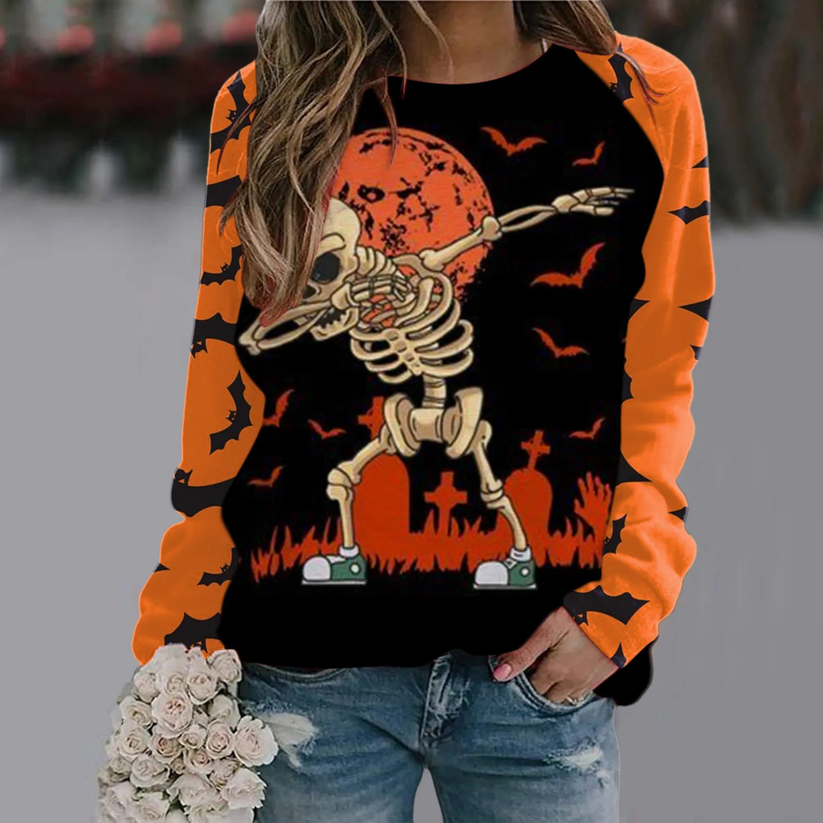 

Pullover Sweaters with Zipper for Women Womens Halloween Pumpkin Face Long Sleeve Sweatshirt Lightweight Winged Long Sleeve