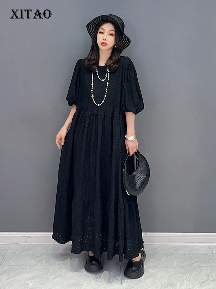 

XITAO, плиссированное однотонное платье для женщин, Корея, лето 2023, Новое поступление, индивидуальное модное Свободное платье с круглым вырезом и короткими рукавами, WLD16827