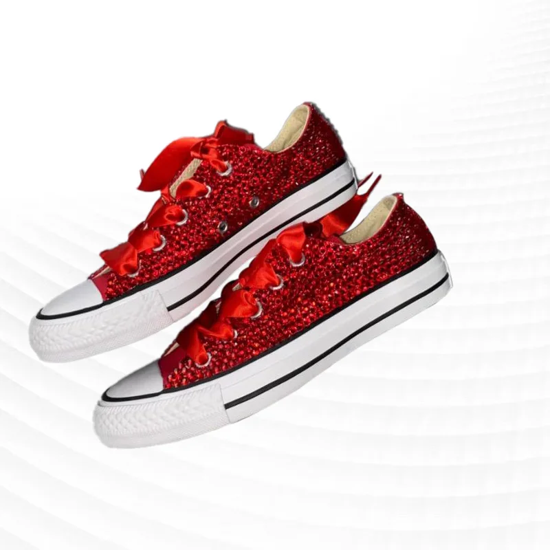 Red low-top rhinestone ribbon accessories custom canvas shoes integrated athleisure shoes women's shoes 35-40