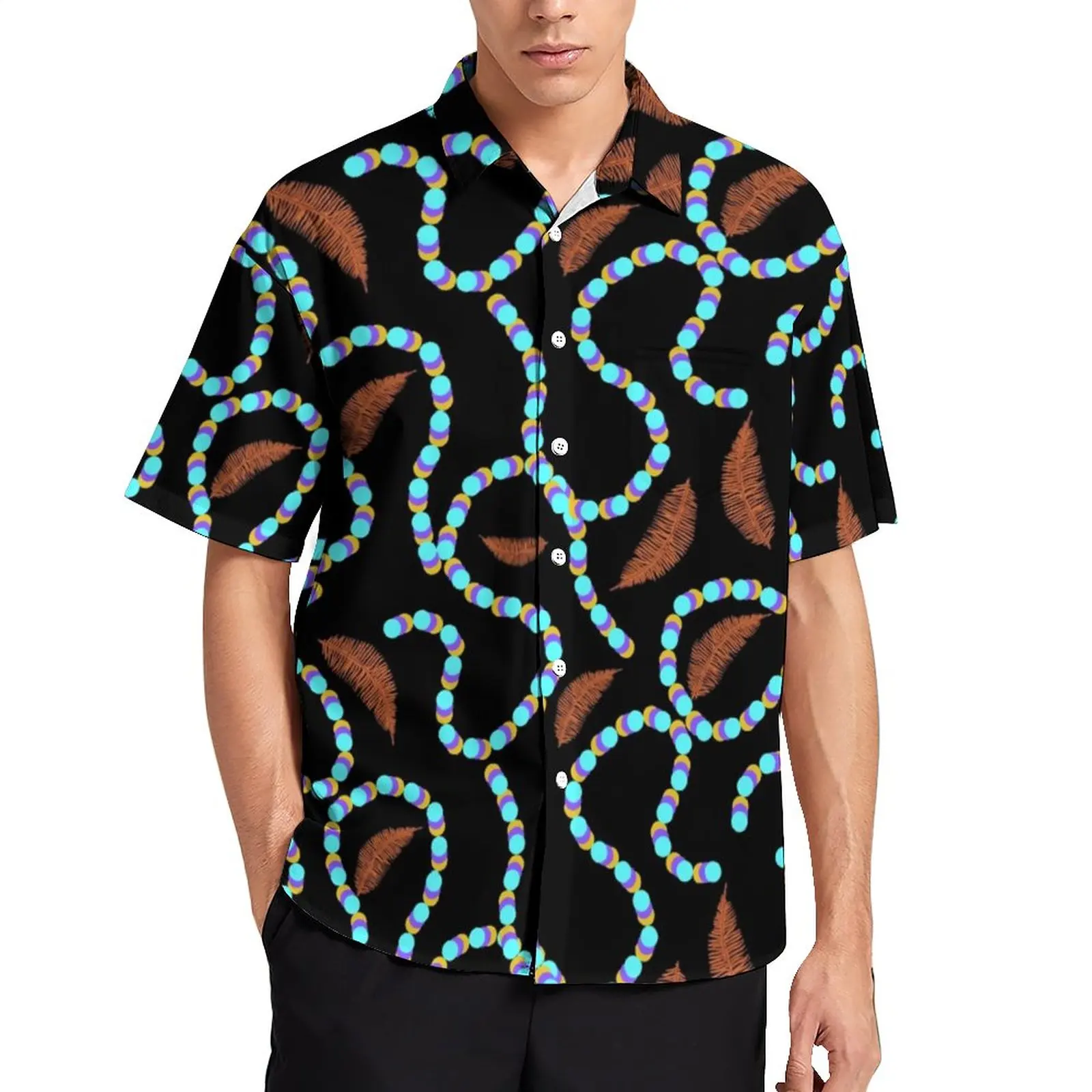 

Bright Beads Print Loose Shirt Vacation Falling Leaves Casual Shirts Hawaiian Graphic Short Sleeves Fashion Oversized Blouses