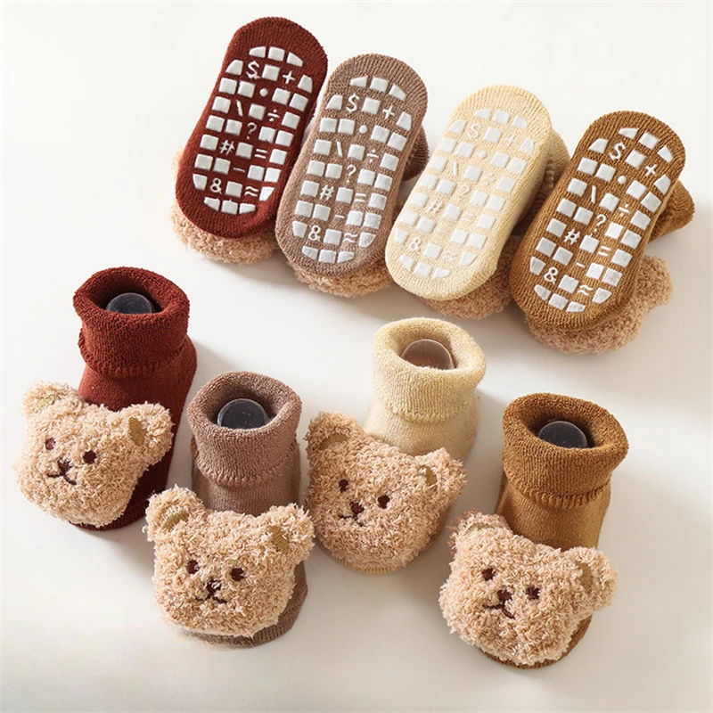 

Милые детские носки с мультяшными животными для мальчиков и девочек, зимние мягкие хлопковые нескользящие носки с медведем на нескользящей подошве для новорожденных, Детские утепленные носки
