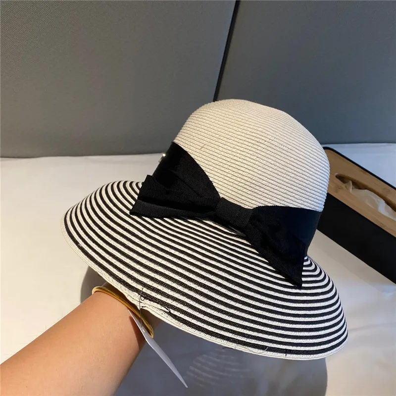 

202203-YY summer Hepburn elegant Lampshade shape stripe brim leisure lady bucket cap women fishermen hat wholesale