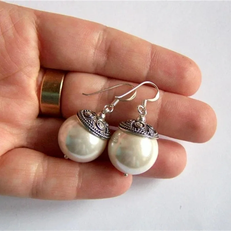 

Bohemian Antiqued Silver Color Pearl Earrings Big Ball Freshwater Pearl Drop Earrings Bridesmaid Bridal Wedding Earrings