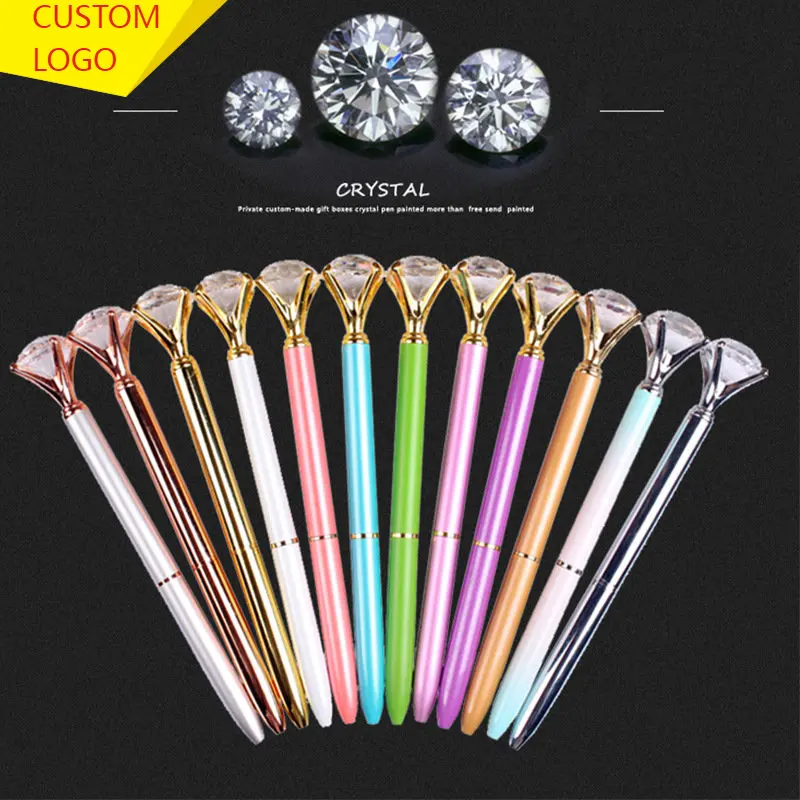 

100pcs Customized Logo or Name Large Crystal Pen Diamond Ballpoint Pens Metal Pen Student Gift Diamond Ball Stationery Gifts