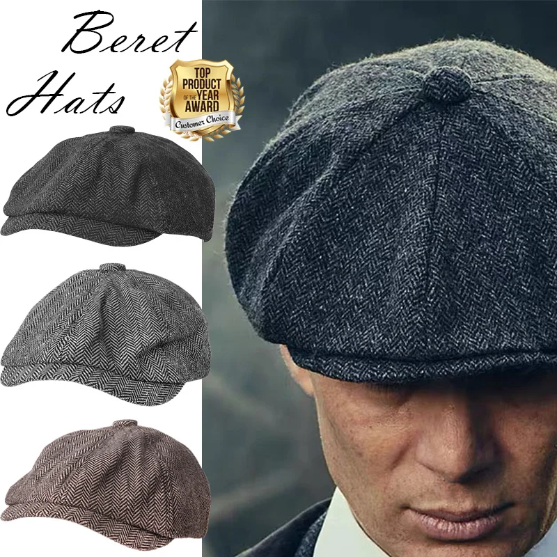 

Men Winter Newsboy Caps Male Herringbone Flat Caps with Brim Strt Hats Peaked Octagonal Berets Vintage Painter Beret Wool Hat