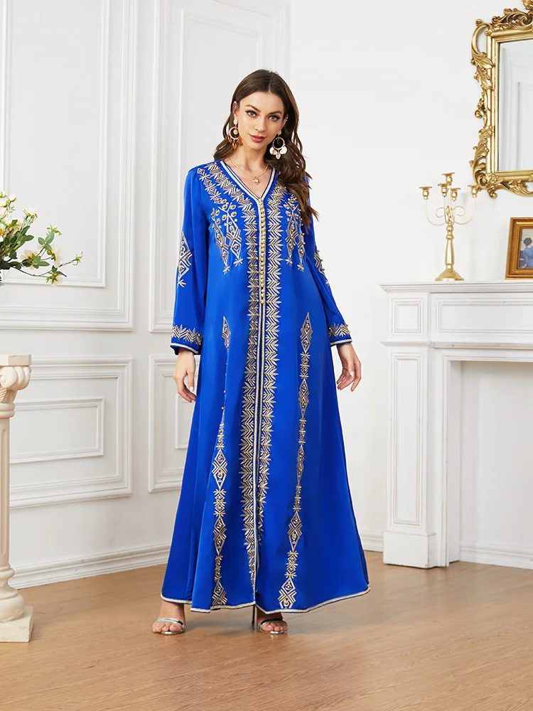 Blue Morocco Kaftan Dubai Turkey Evening Long Dress for Wedding Party Ramadan Muslin 2 Pieces Set with Belt Sunday Pentecost