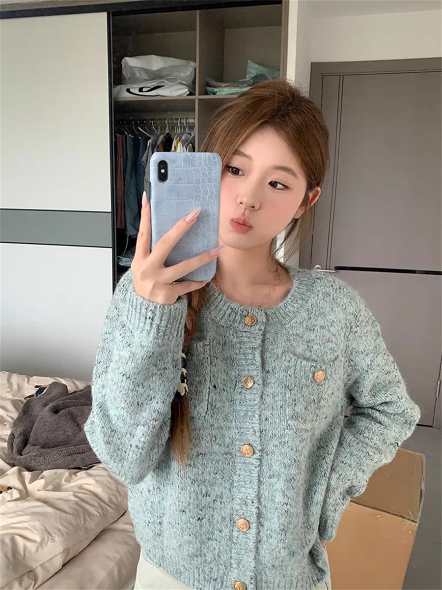 Изящный синий свитер во французском стиле женский кардиган новинка 2024 зимний