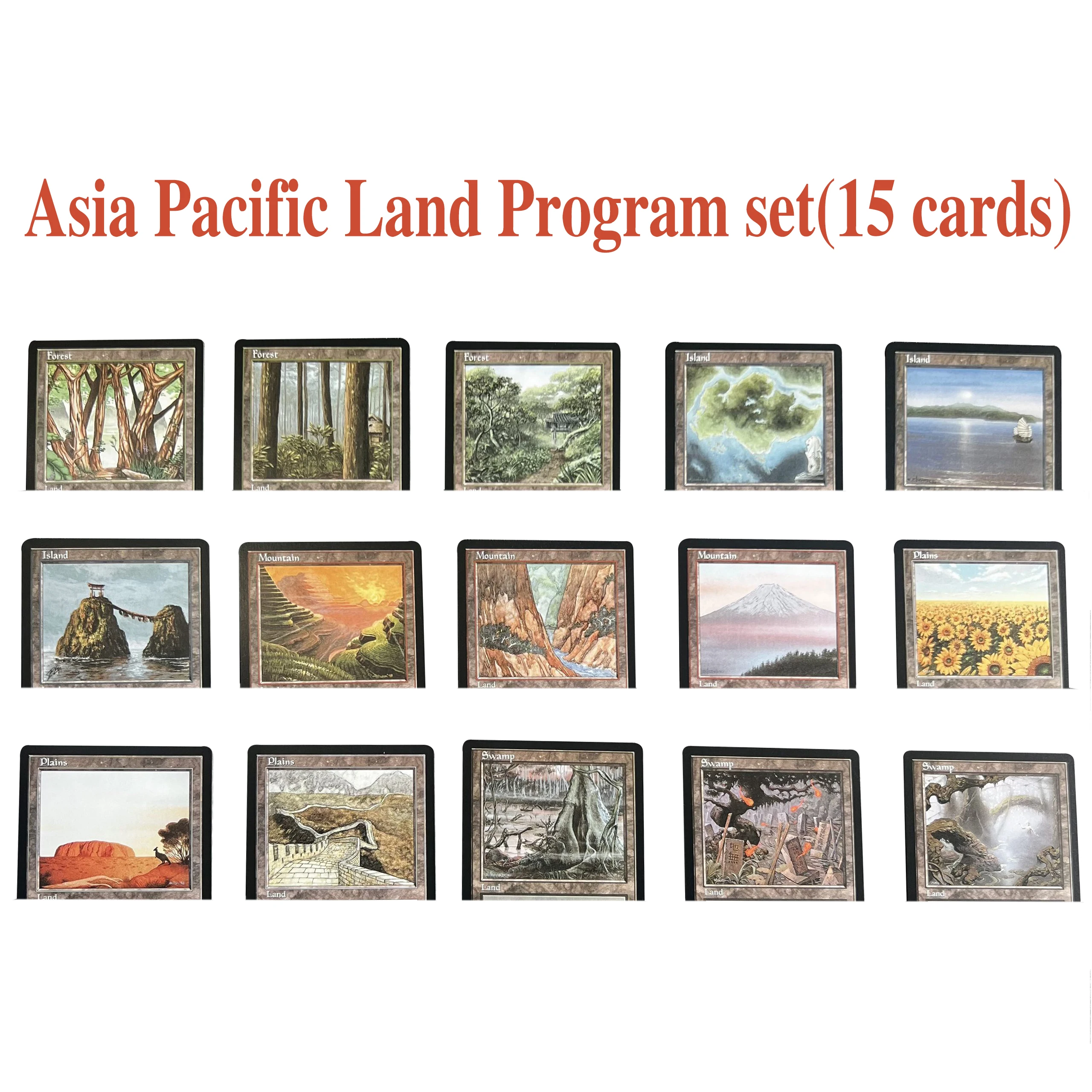 Фото Обычный набор карт Asia Pacific Land (15 карт) Program (PALP) Mountain # 8 Островов # Два равнинных района # 14 Болото # 15 Лес # Настольная игра с 6 TCG-картами №1